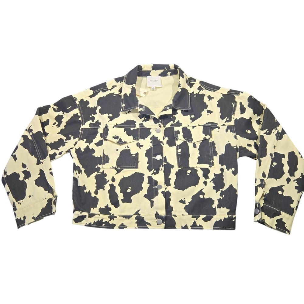Anthropogie Le Lis‎ Women's Cropped Cow Print Jean Jacket Black/Cream Size M